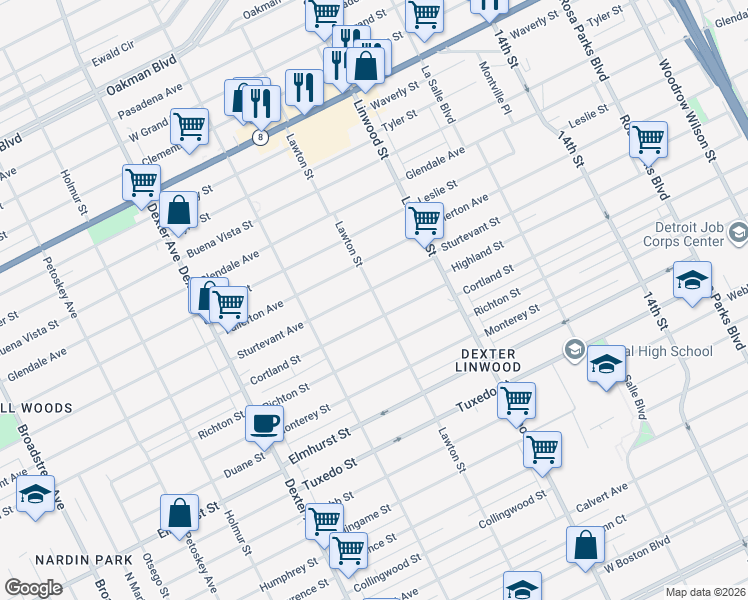 map of restaurants, bars, coffee shops, grocery stores, and more near 2750 Sturtevant Street in Detroit