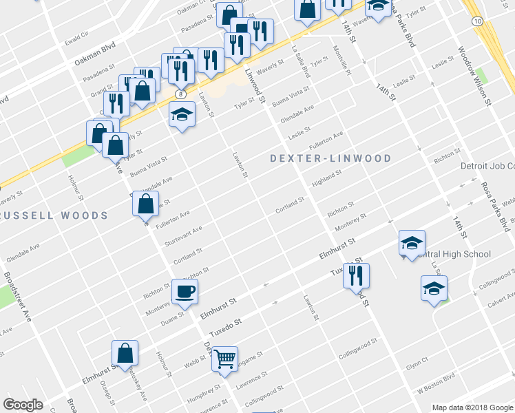map of restaurants, bars, coffee shops, grocery stores, and more near 2750 Sturtevant Street in Detroit