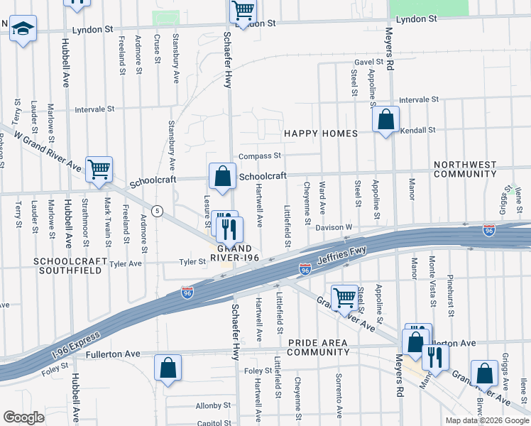 map of restaurants, bars, coffee shops, grocery stores, and more near 13410 Hartwell Street in Detroit