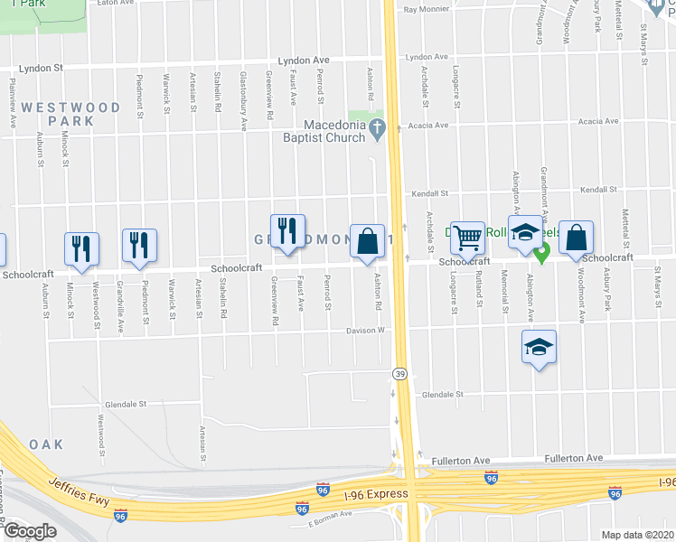 map of restaurants, bars, coffee shops, grocery stores, and more near 13921 Rosemont Avenue in Detroit