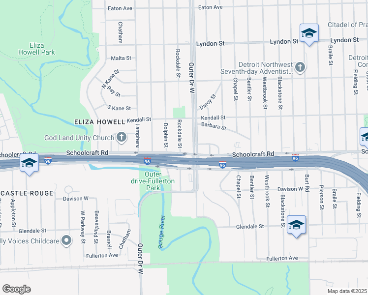 map of restaurants, bars, coffee shops, grocery stores, and more near 13974 Rockdale Street in Detroit