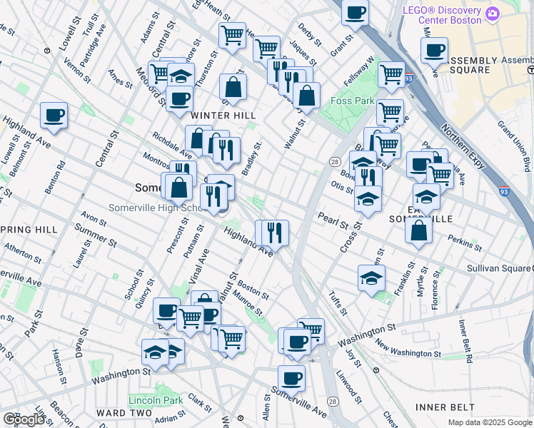 map of restaurants, bars, coffee shops, grocery stores, and more near 104 Gilman Street in Somerville