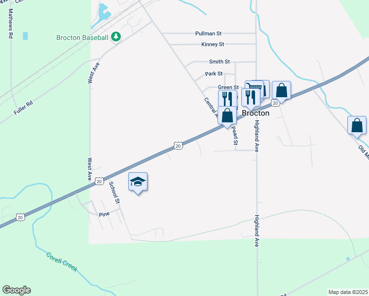 map of restaurants, bars, coffee shops, grocery stores, and more near 84 West Main Street in Brocton