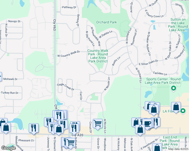 map of restaurants, bars, coffee shops, grocery stores, and more near 131 West Honeysuckle Drive in Round Lake Beach