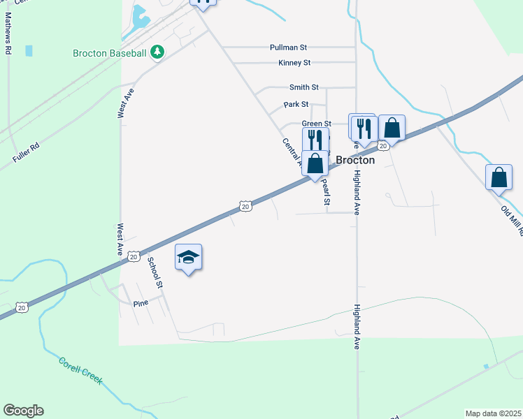 map of restaurants, bars, coffee shops, grocery stores, and more near 84 West Main Street in Brocton