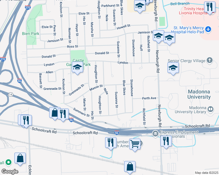 map of restaurants, bars, coffee shops, grocery stores, and more near 14354 Nola in Livonia