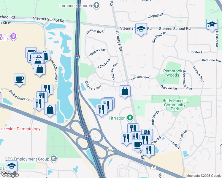 map of restaurants, bars, coffee shops, grocery stores, and more near 5744 Delaware Avenue in Gurnee