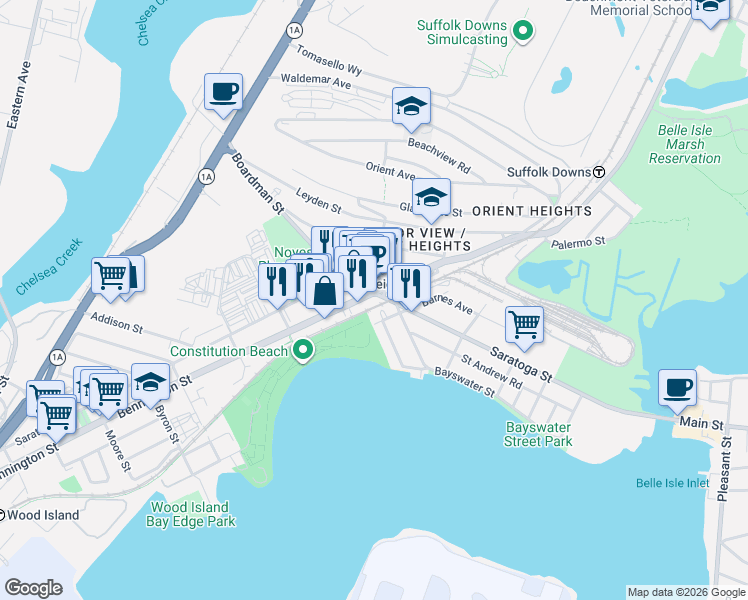 map of restaurants, bars, coffee shops, grocery stores, and more near 984 Saratoga Street in Boston