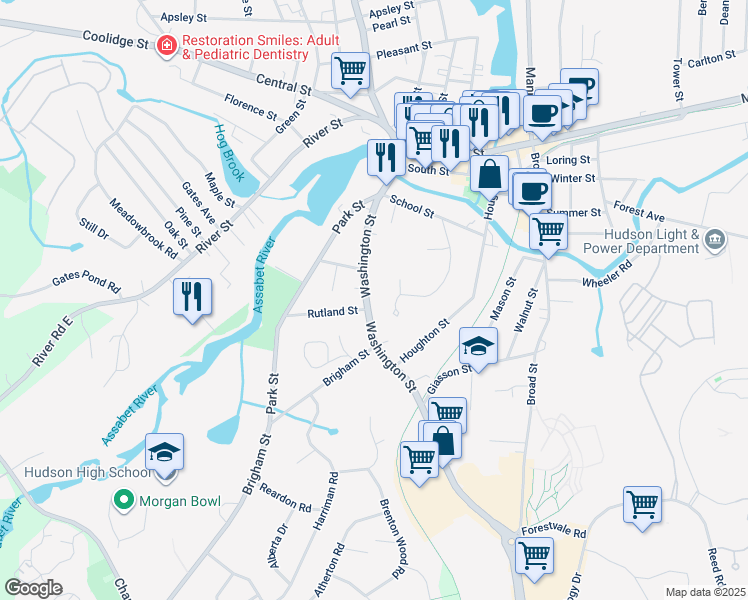 map of restaurants, bars, coffee shops, grocery stores, and more near 96 Washington Street in Hudson