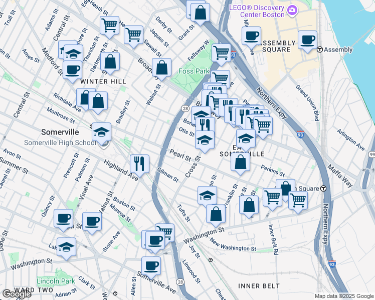 map of restaurants, bars, coffee shops, grocery stores, and more near 13 Everett Avenue in Somerville