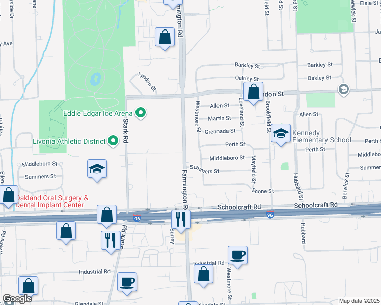 map of restaurants, bars, coffee shops, grocery stores, and more near 14226 Farmington Road in Livonia