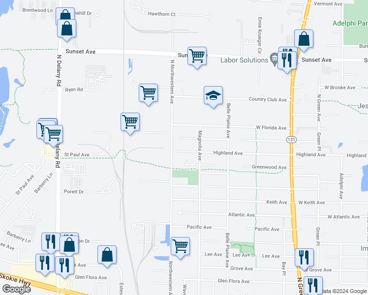 map of restaurants, bars, coffee shops, grocery stores, and more near 3740 Highland Avenue in Gurnee