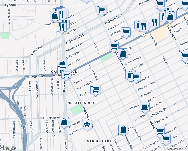 map of restaurants, bars, coffee shops, grocery stores, and more near 4096 Tyler Street in Detroit