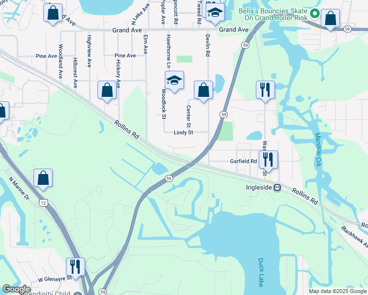 map of restaurants, bars, coffee shops, grocery stores, and more near 233 Rainier Way in Fox Lake