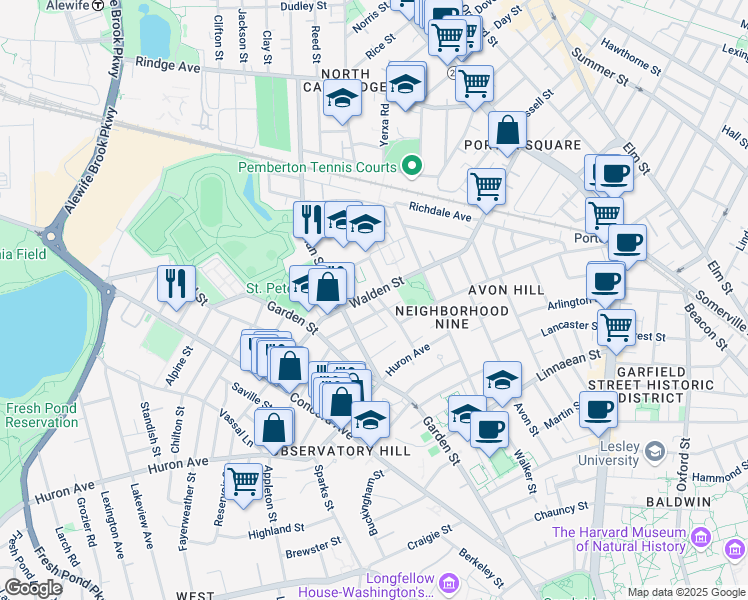 map of restaurants, bars, coffee shops, grocery stores, and more near 225 Walden Street in Cambridge
