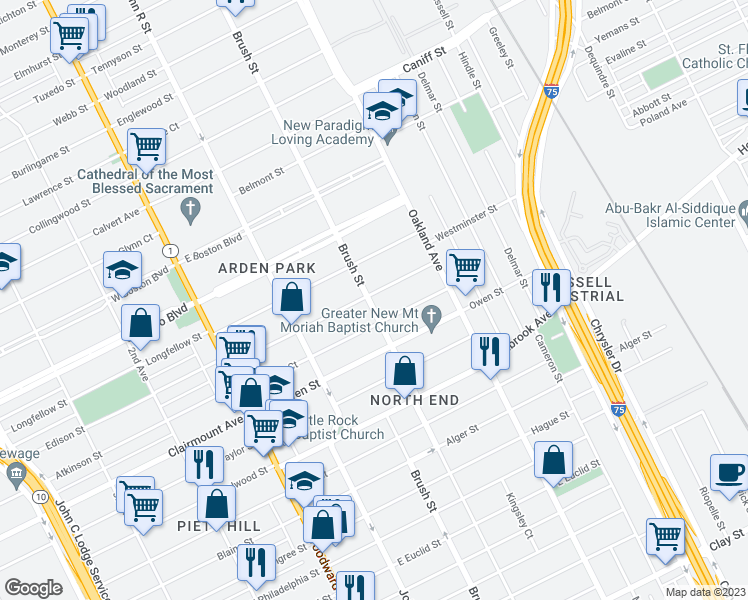 map of restaurants, bars, coffee shops, grocery stores, and more near 506 Kenilworth Street in Detroit