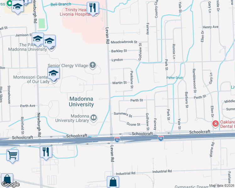 map of restaurants, bars, coffee shops, grocery stores, and more near 36065 Grennada Street in Livonia