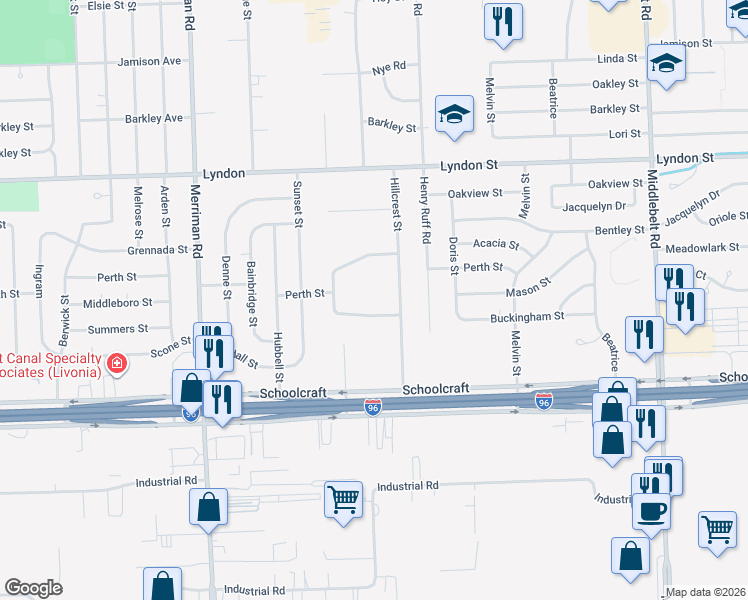 map of restaurants, bars, coffee shops, grocery stores, and more near 14248 North Livonia Crescent in Livonia