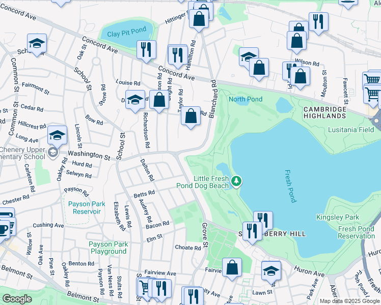 map of restaurants, bars, coffee shops, grocery stores, and more near 60 Blanchard Road in Belmont