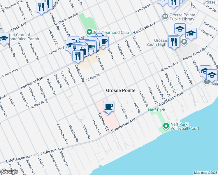 map of restaurants, bars, coffee shops, grocery stores, and more near 513 Saint Clair Avenue in Grosse Pointe