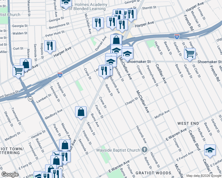 map of restaurants, bars, coffee shops, grocery stores, and more near 5900 Rohns Street in Detroit