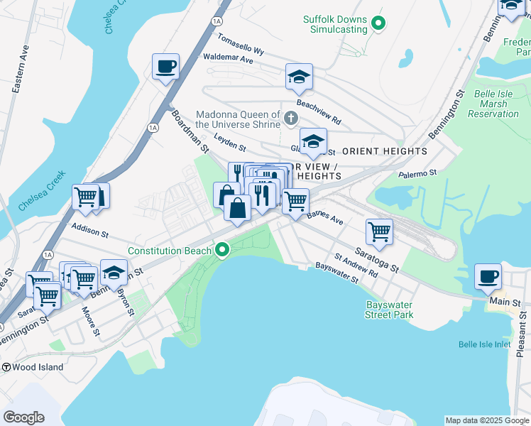 map of restaurants, bars, coffee shops, grocery stores, and more near 984 Saratoga Street in Boston