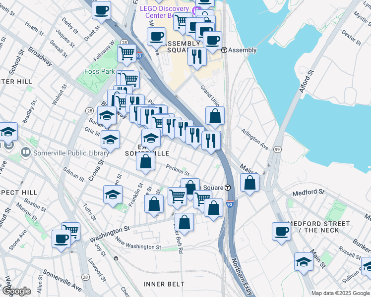 map of restaurants, bars, coffee shops, grocery stores, and more near 59 Broadway in Somerville