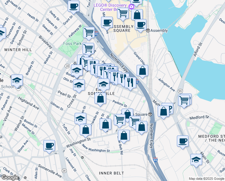 map of restaurants, bars, coffee shops, grocery stores, and more near 80 Broadway in Somerville