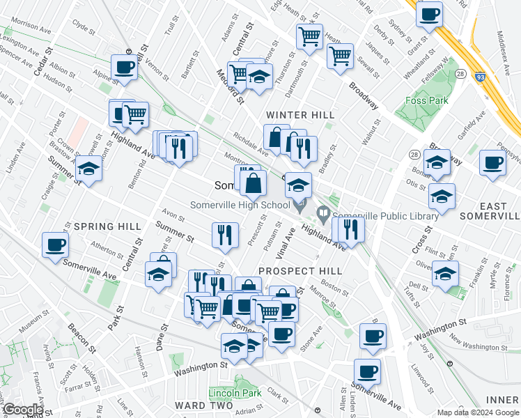 map of restaurants, bars, coffee shops, grocery stores, and more near 93 Highland Avenue in Somerville