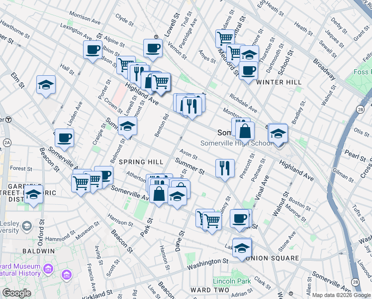 map of restaurants, bars, coffee shops, grocery stores, and more near in Somerville