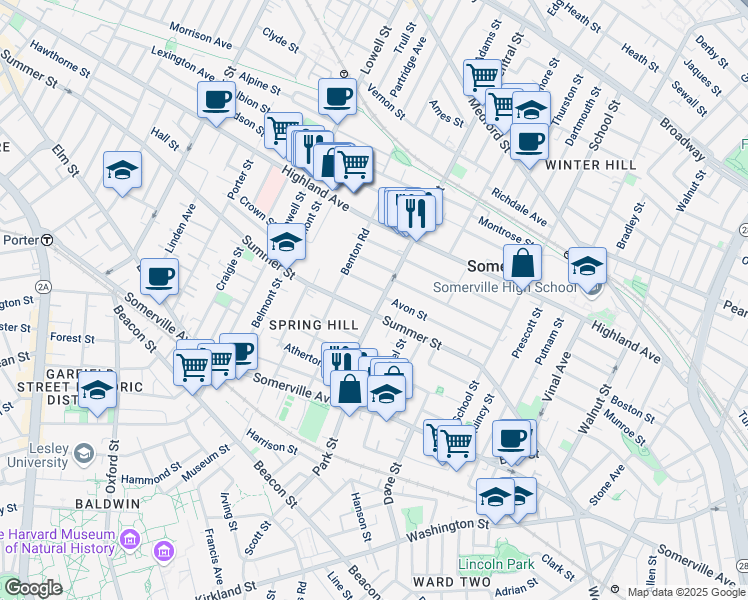 map of restaurants, bars, coffee shops, grocery stores, and more near 58 Central Street in Somerville