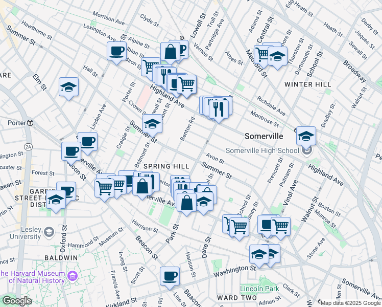 map of restaurants, bars, coffee shops, grocery stores, and more near 14 Westwood Road in Somerville