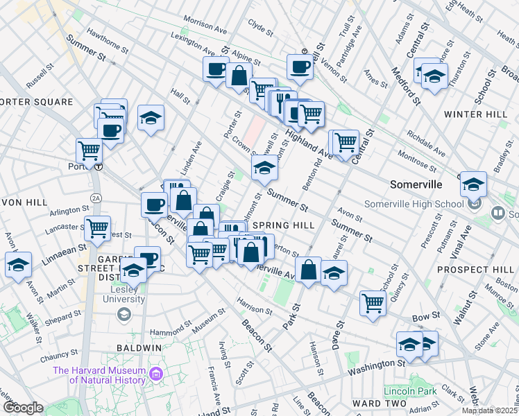 map of restaurants, bars, coffee shops, grocery stores, and more near 194 Summer Street in Somerville