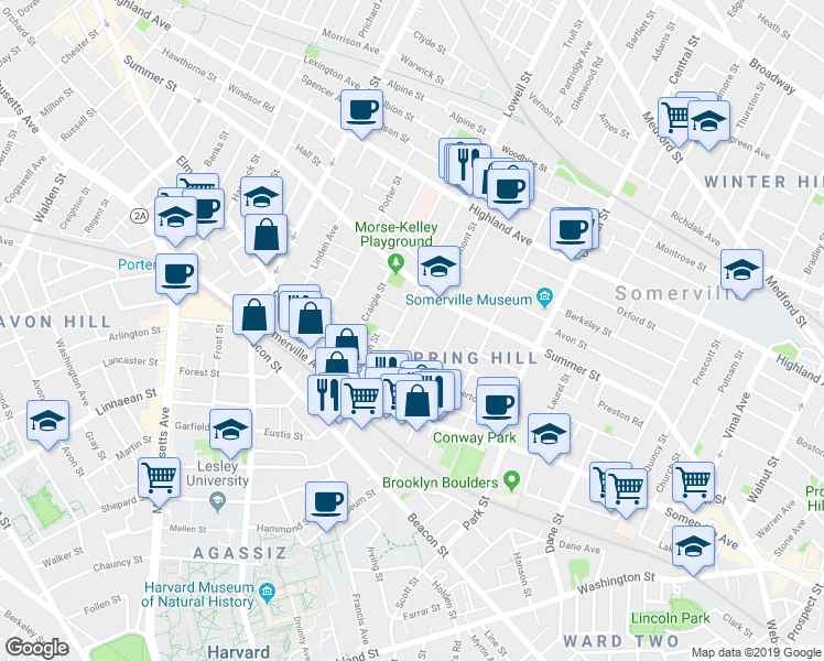map of restaurants, bars, coffee shops, grocery stores, and more near 74 Lowell Street in Somerville