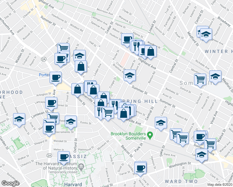 map of restaurants, bars, coffee shops, grocery stores, and more near 74 Lowell Street in Somerville