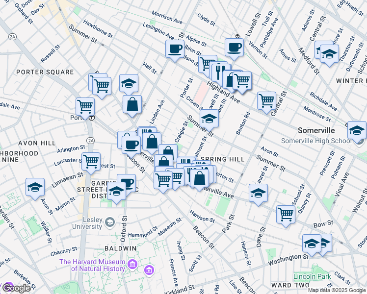 map of restaurants, bars, coffee shops, grocery stores, and more near 74 Lowell Street in Somerville