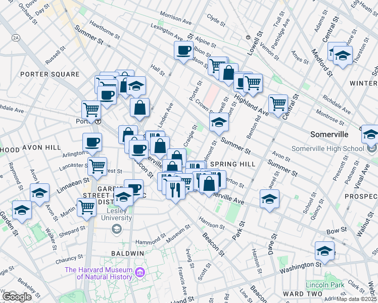 map of restaurants, bars, coffee shops, grocery stores, and more near 42 Craigie Street in Somerville