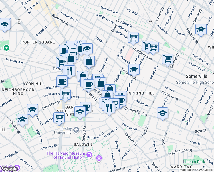 map of restaurants, bars, coffee shops, grocery stores, and more near 16 Porter Street in Somerville
