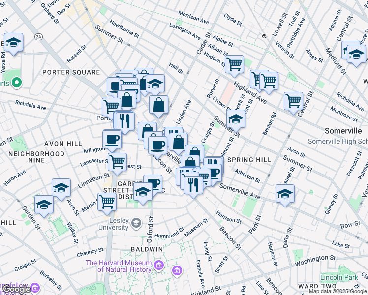 map of restaurants, bars, coffee shops, grocery stores, and more near 16 Porter Street in Somerville