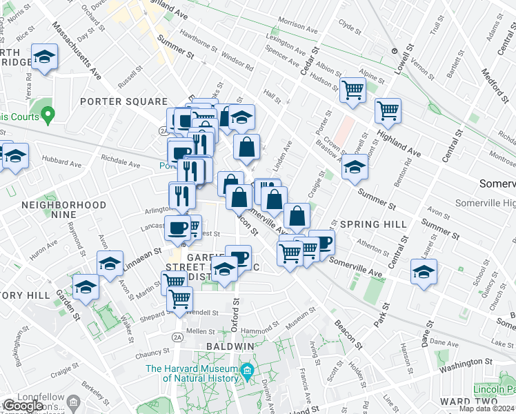 map of restaurants, bars, coffee shops, grocery stores, and more near 36 Elm Street in Somerville