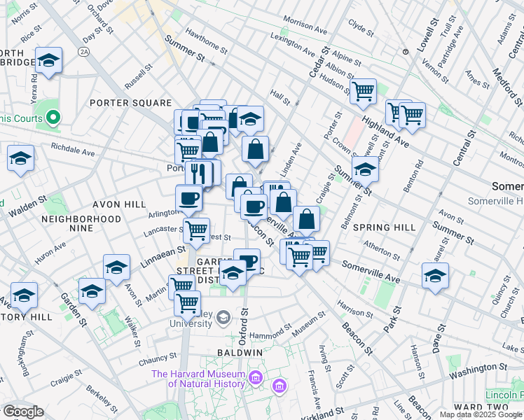 map of restaurants, bars, coffee shops, grocery stores, and more near 36 Elm Street in Somerville