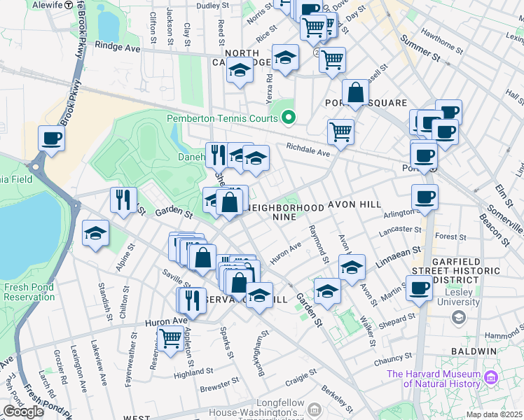 map of restaurants, bars, coffee shops, grocery stores, and more near 225 Walden Street in Cambridge