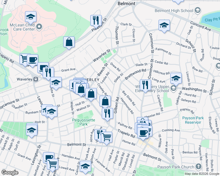 map of restaurants, bars, coffee shops, grocery stores, and more near 5 Holden Road in Belmont