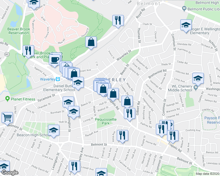 map of restaurants, bars, coffee shops, grocery stores, and more near in Belmont