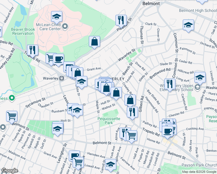 map of restaurants, bars, coffee shops, grocery stores, and more near 30 Davis Road in Belmont