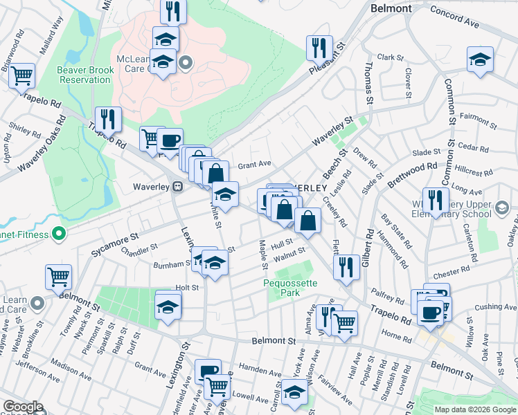 map of restaurants, bars, coffee shops, grocery stores, and more near 24 Hawthorne Street in Belmont
