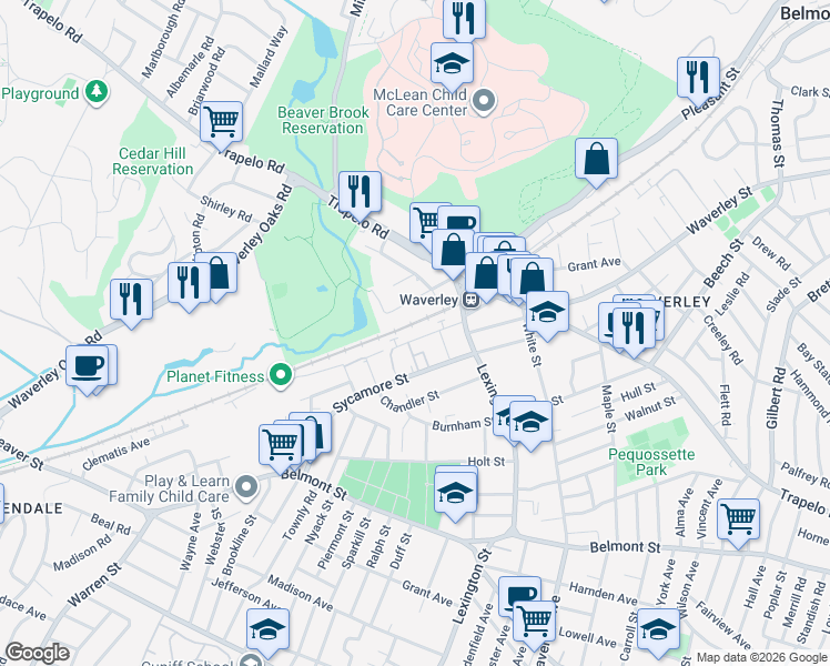 map of restaurants, bars, coffee shops, grocery stores, and more near 40 Moraine Street in Belmont