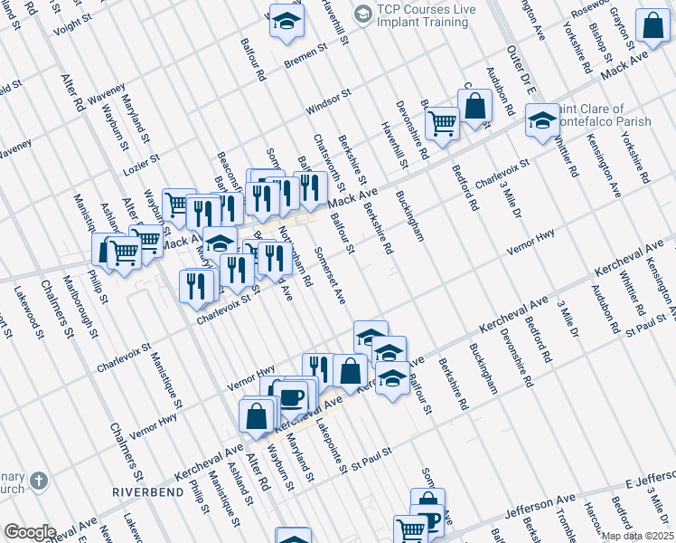 map of restaurants, bars, coffee shops, grocery stores, and more near 1402 Somerset Avenue in Grosse Pointe Park