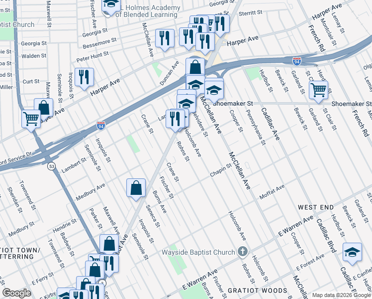 map of restaurants, bars, coffee shops, grocery stores, and more near 5900 Rohns Street in Detroit