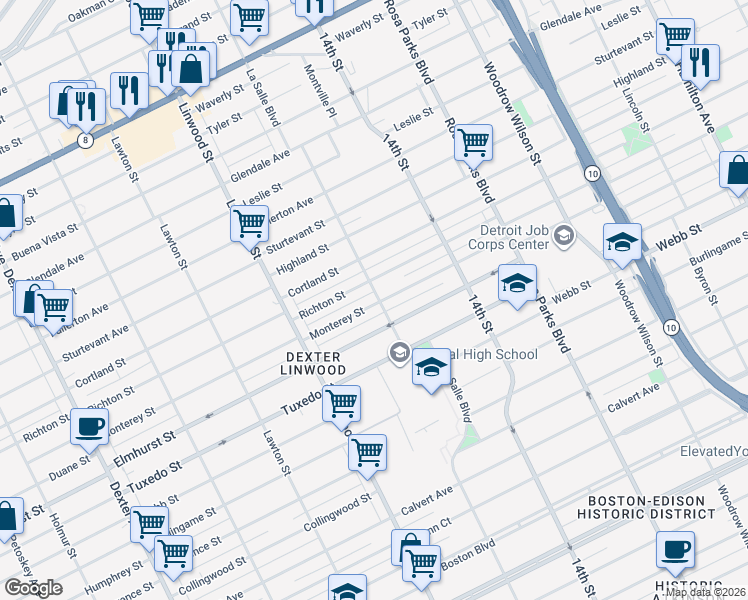 map of restaurants, bars, coffee shops, grocery stores, and more near 2383 Richton Street in Detroit
